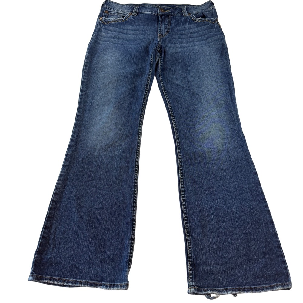 Y2K Silver Suki Surplus Women's W32 L32 Blue Bootcut Denim Jeans Distressed Boho